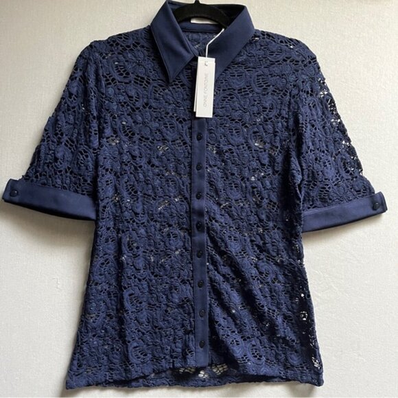 NWT Anne Fontaine Judith Short Sleeve Lace Button Up 3/4 Poplin Sleeve Blouse - Picture 2 of 10